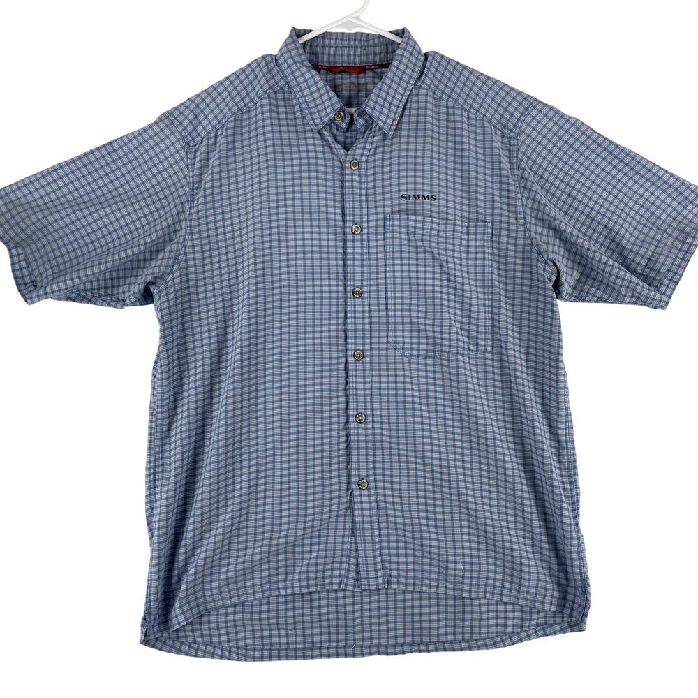 Simms Morada Short Sleeve Fishing Shirt SZ LG (?) UV Protection Blue Plaid